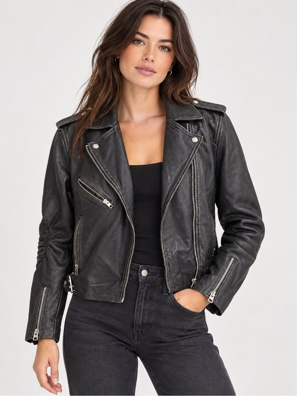 Topshop Black Genuine Lamb Leather Moto Biker Jacket Women’s US 10
